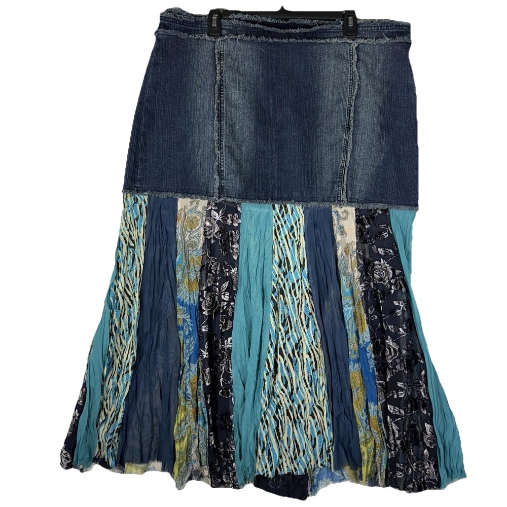 Womens Denim Western Floral Pleated Skirt Boho Patchwork Festival Gypsy Indie 18